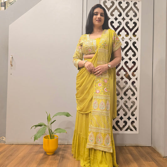 Mustard Yellow Embroidered Lehenga Saree