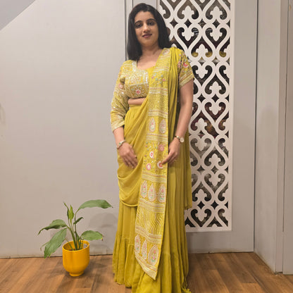 Mustard Yellow Embroidered Lehenga Saree