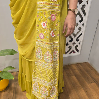 Mustard Yellow Embroidered Lehenga Saree