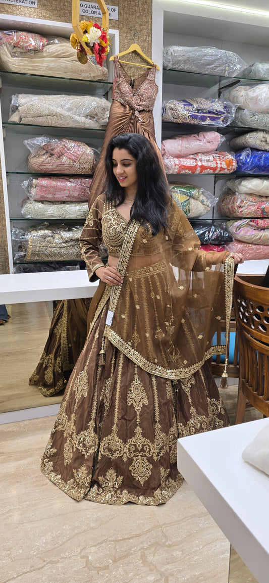 Royal Brown Zari Embroidered Bridal Lehenga