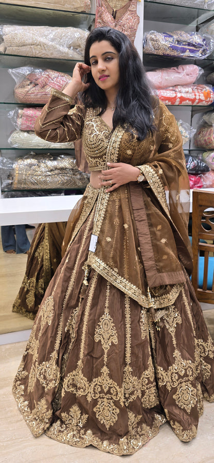 Royal Brown Zari Embroidered Bridal Lehenga