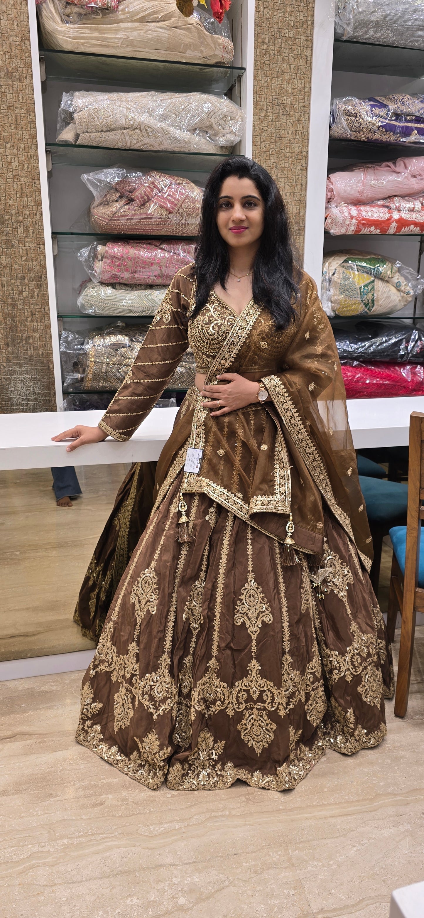 Royal Brown Zari Embroidered Bridal Lehenga