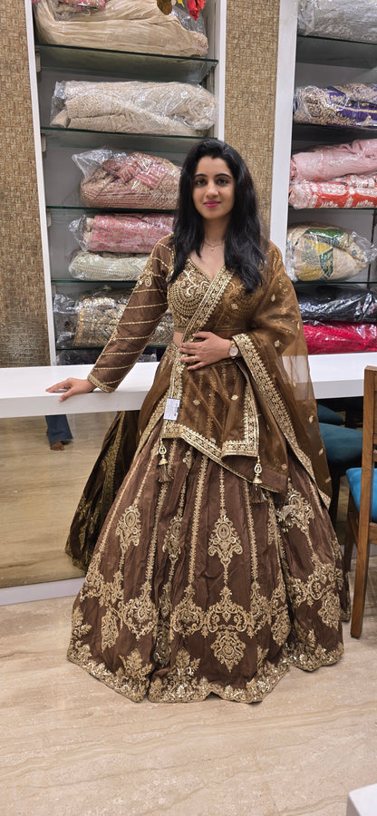Royal Brown Zari Embroidered Bridal Lehenga