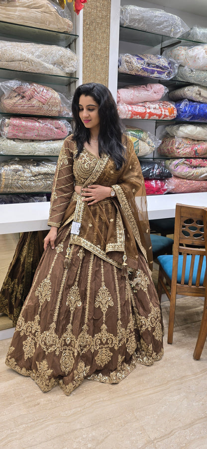 Royal Brown Zari Embroidered Bridal Lehenga