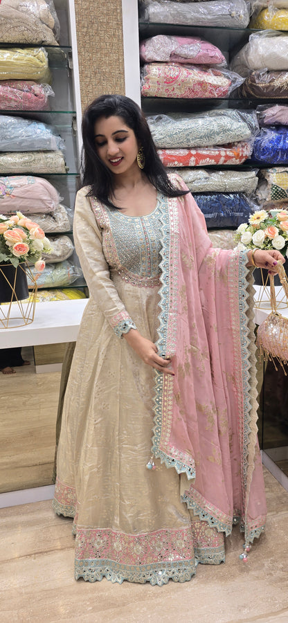 Blush Elegance Mirror-Work Anarkali Set