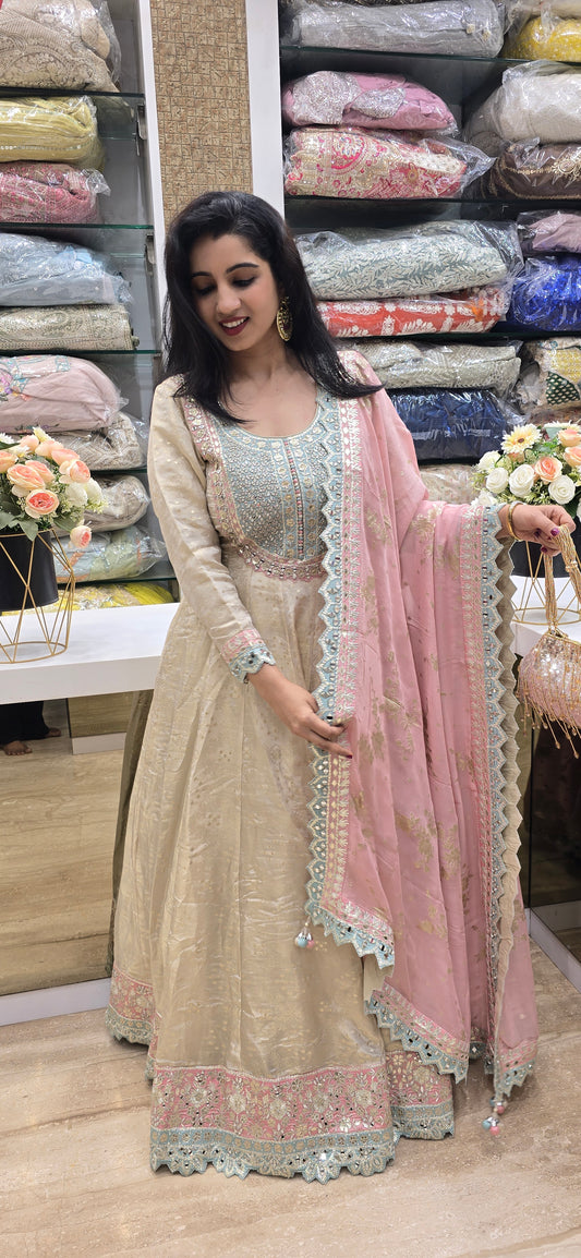 Blush Elegance Mirror-Work Anarkali Set
