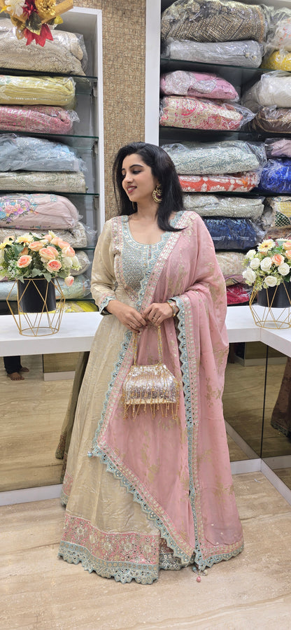Blush Elegance Mirror-Work Anarkali Set