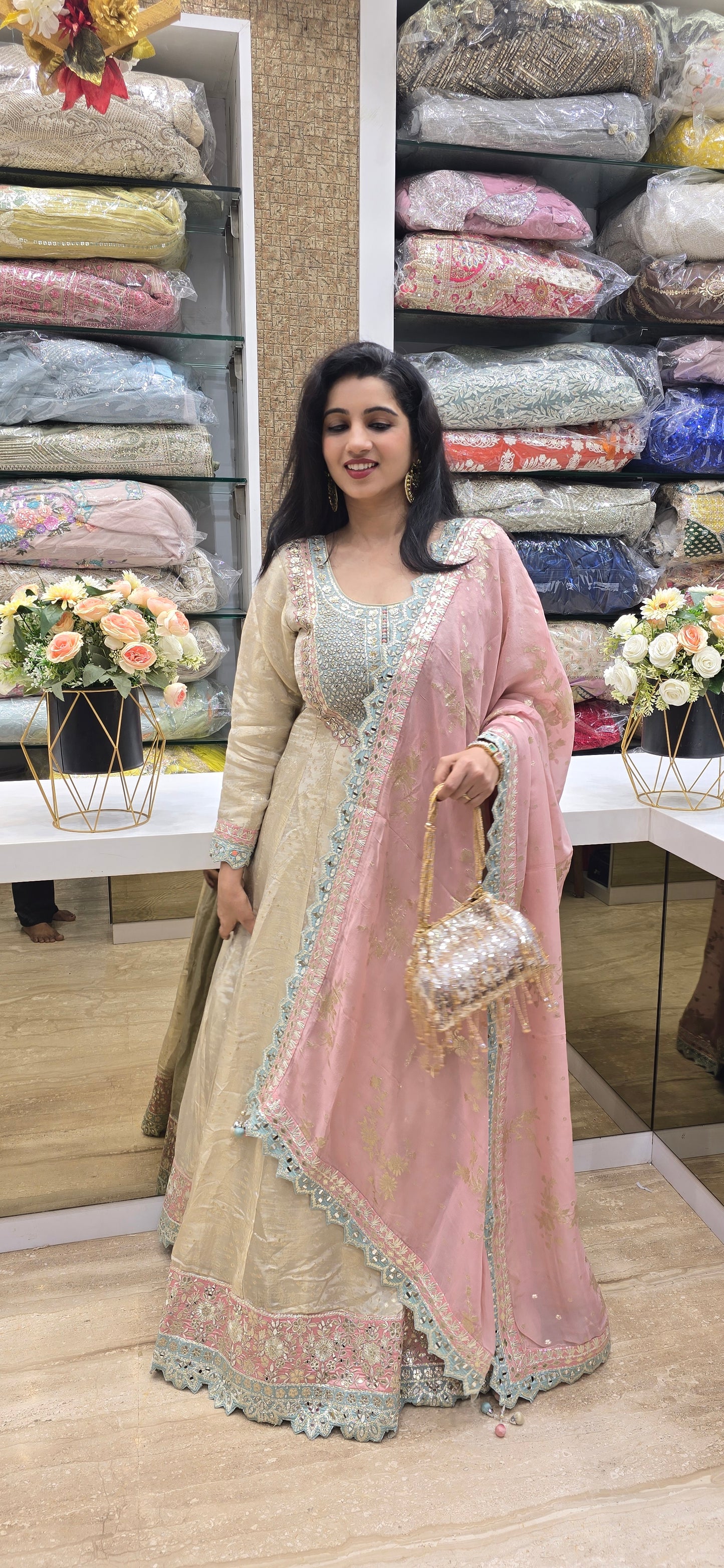 Blush Elegance Mirror-Work Anarkali Set