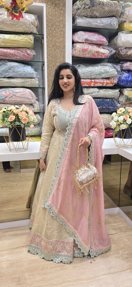 Blush Elegance Mirror-Work Anarkali Set