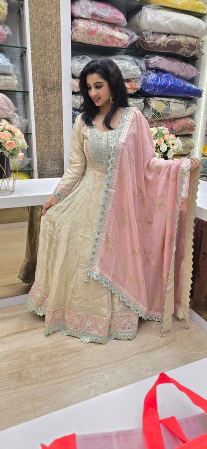 Blush Elegance Mirror-Work Anarkali Set
