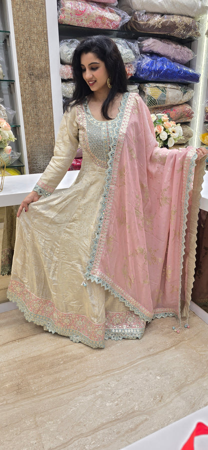 Blush Elegance Mirror-Work Anarkali Set