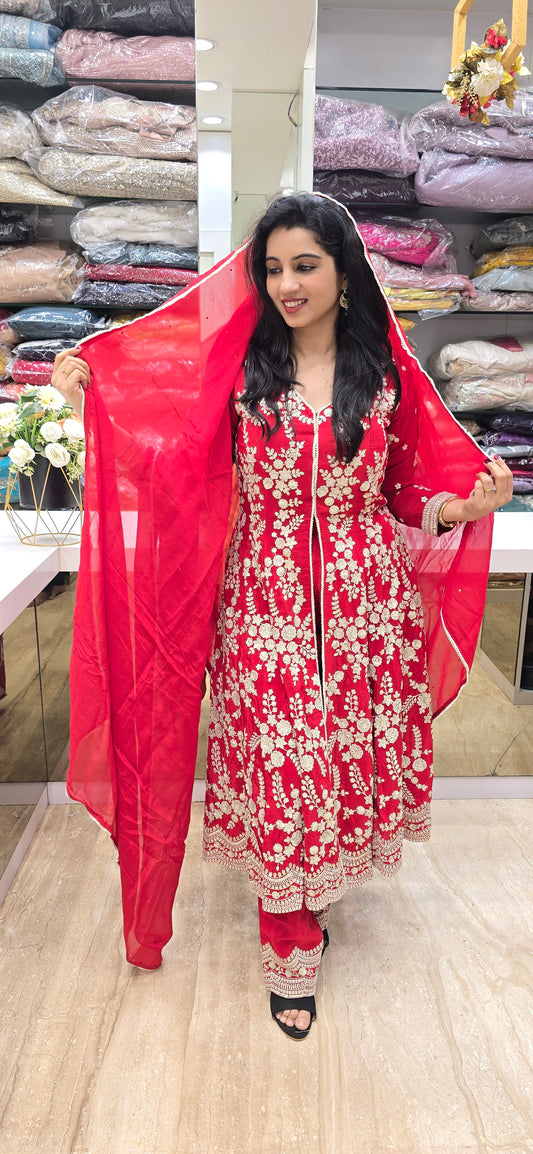 Scarlet Bloom Embroidered Sharara Set