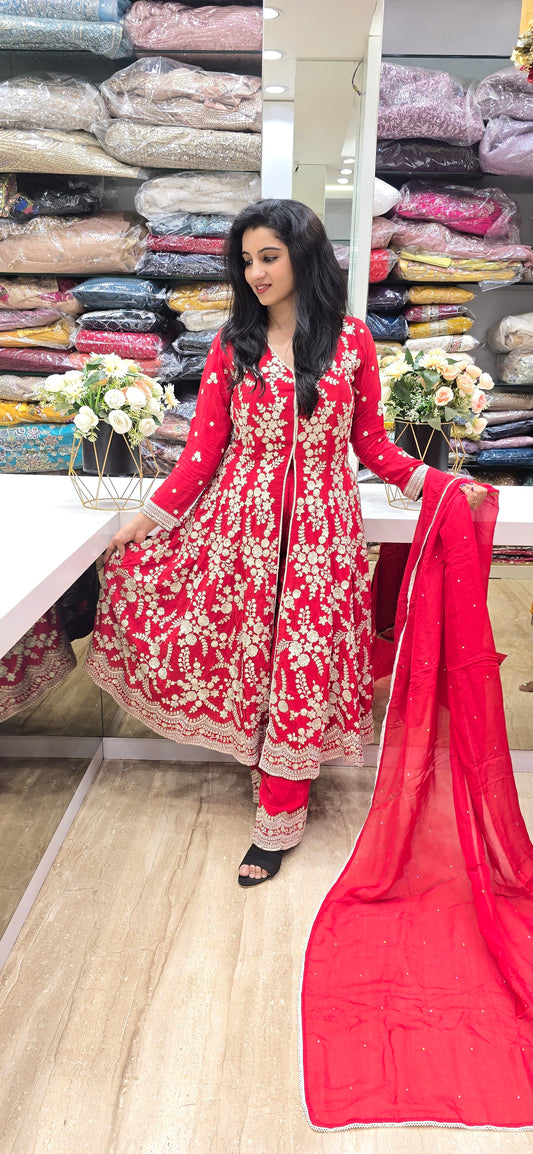 Scarlet Bloom Embroidered Sharara Set