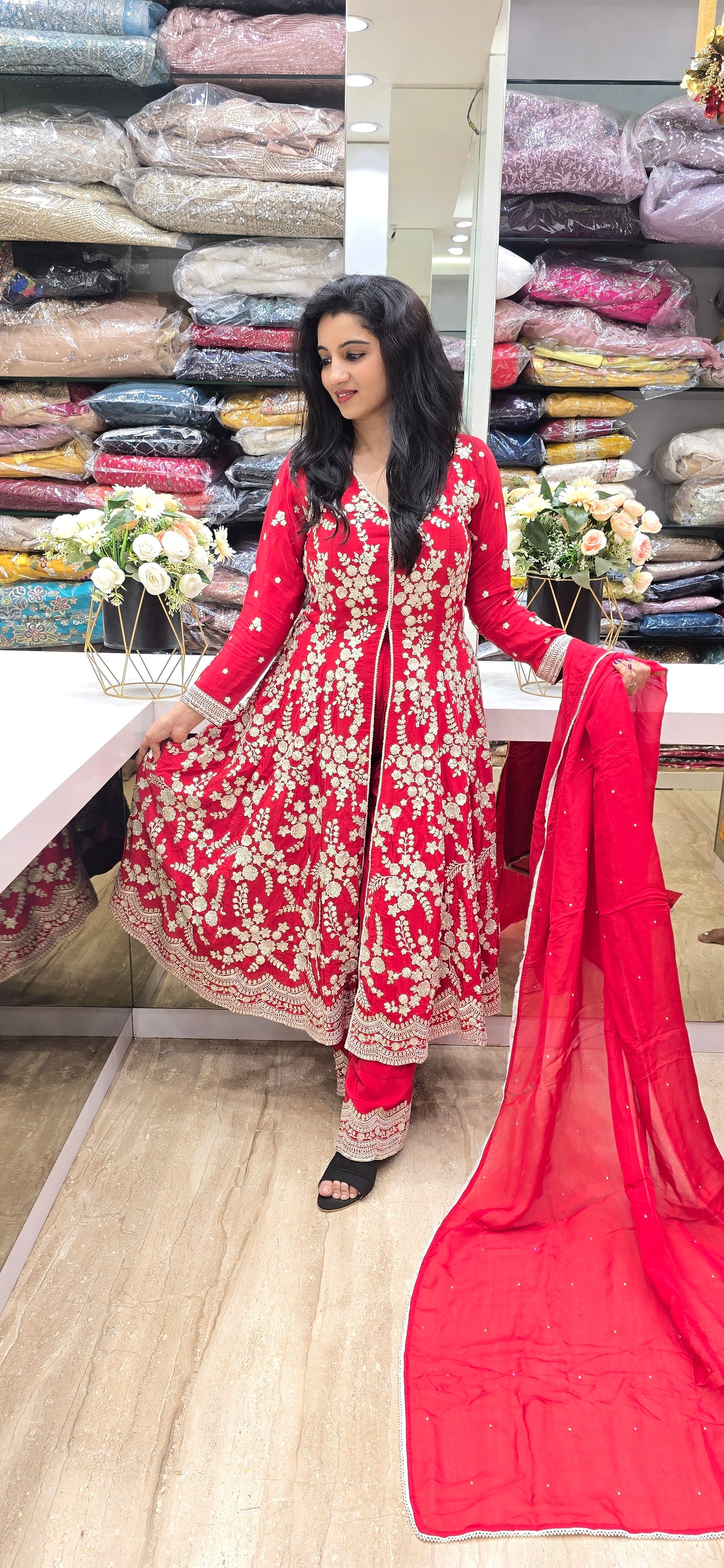 Scarlet Bloom Embroidered Sharara Set