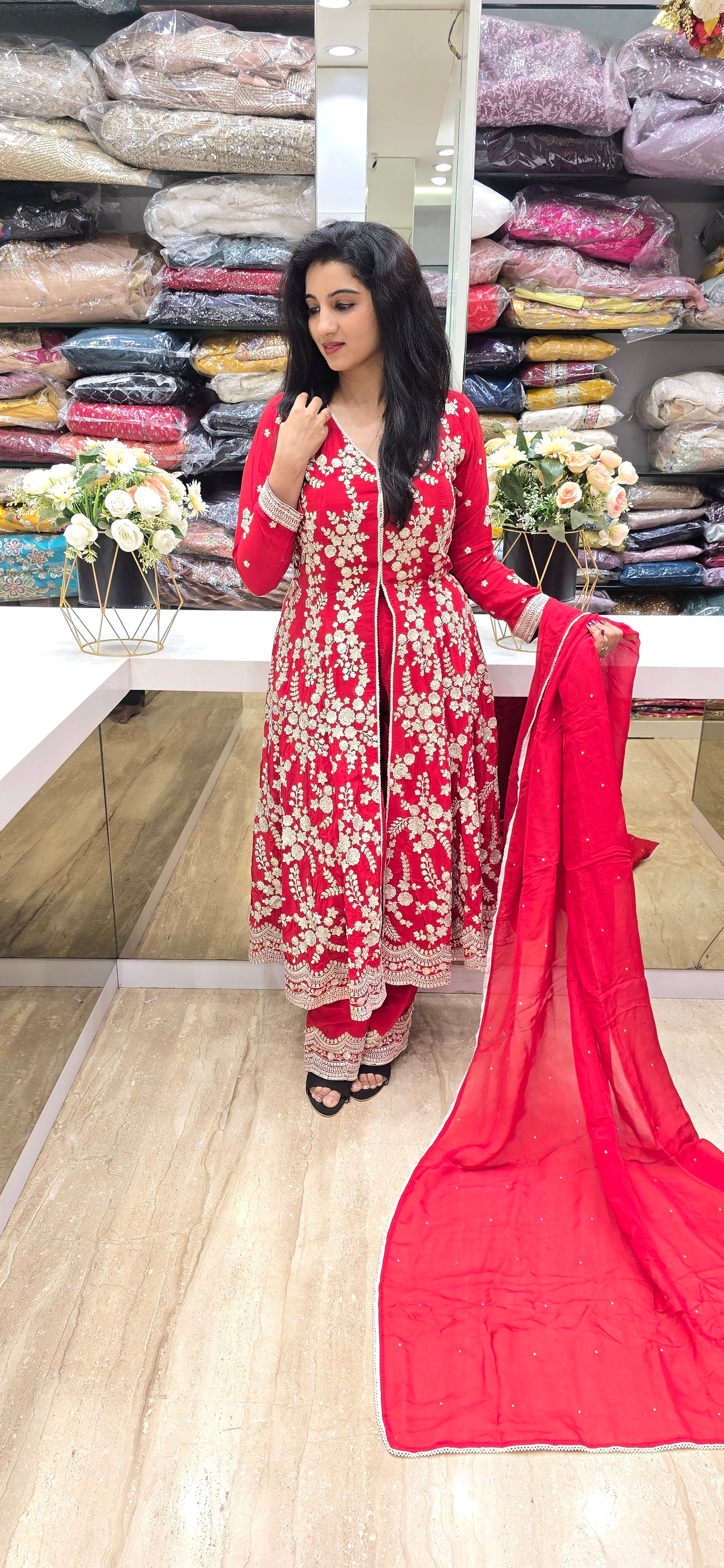 Scarlet Bloom Embroidered Sharara Set