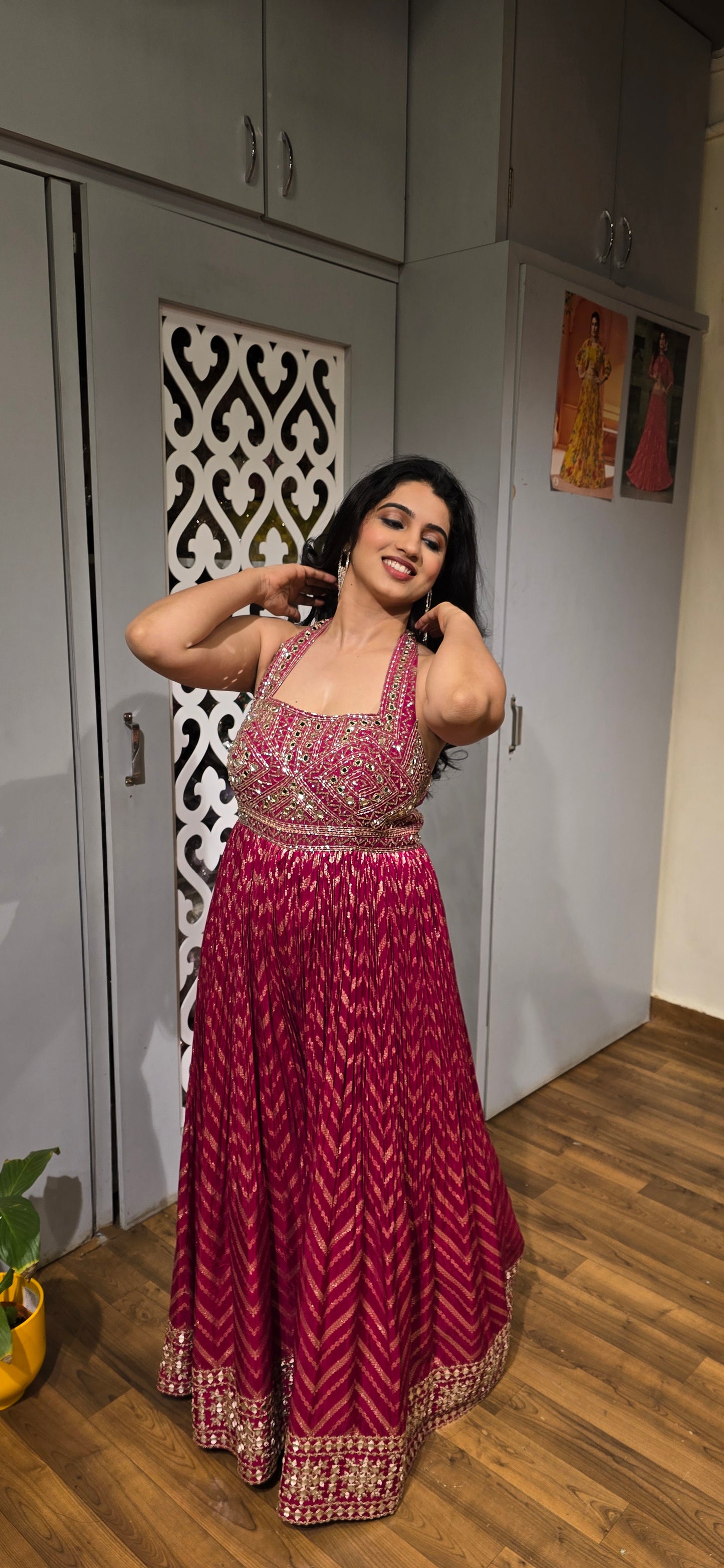 Magenta Mirror Work Sleeveless Anarkali Gown