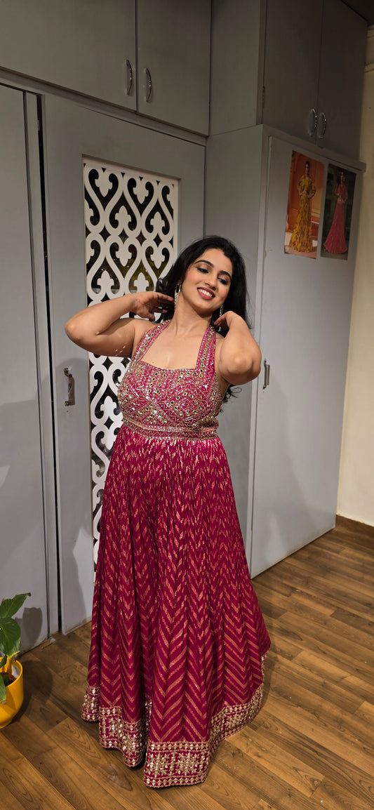 Magenta Mirror Work Sleeveless Anarkali Gown