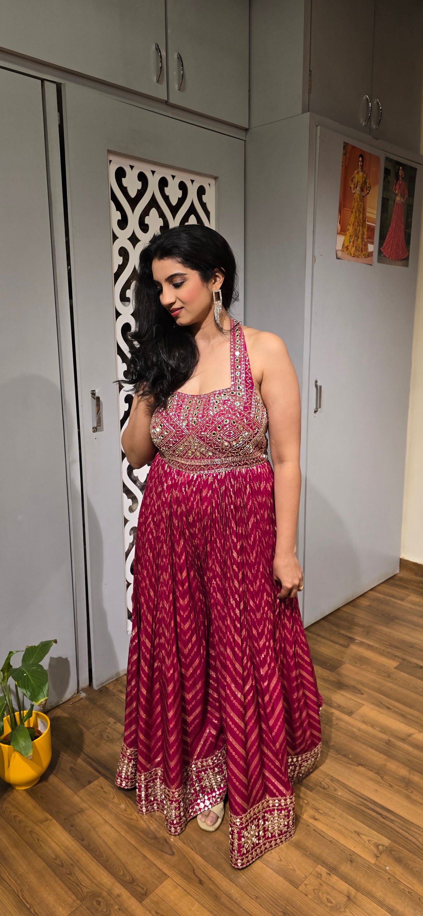 Magenta Mirror Work Sleeveless Anarkali Gown