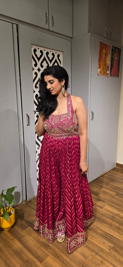 Magenta Mirror Work Sleeveless Anarkali Gown