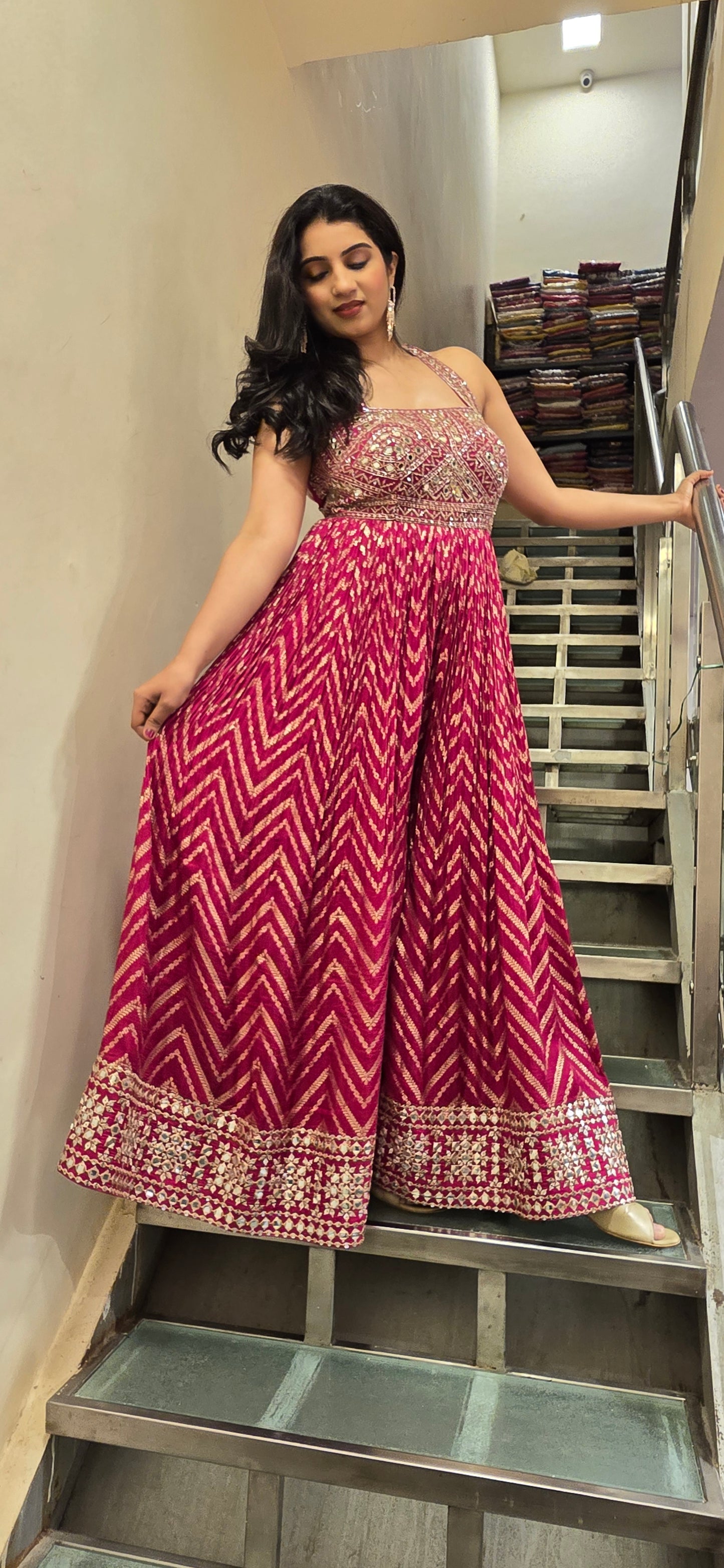 Magenta Mirror Work Sleeveless Anarkali Gown