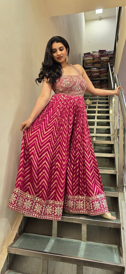 Magenta Mirror Work Sleeveless Anarkali Gown