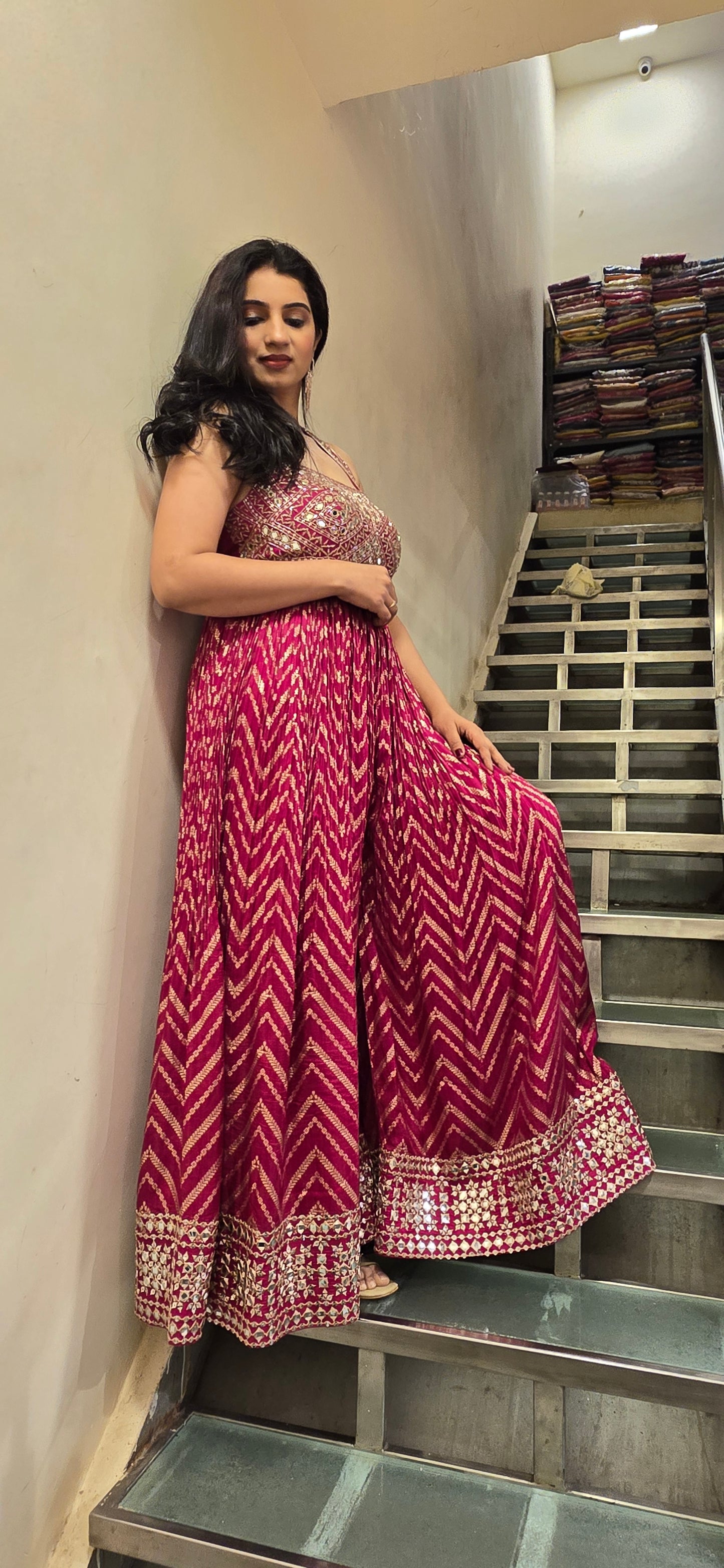 Magenta Mirror Work Sleeveless Anarkali Gown