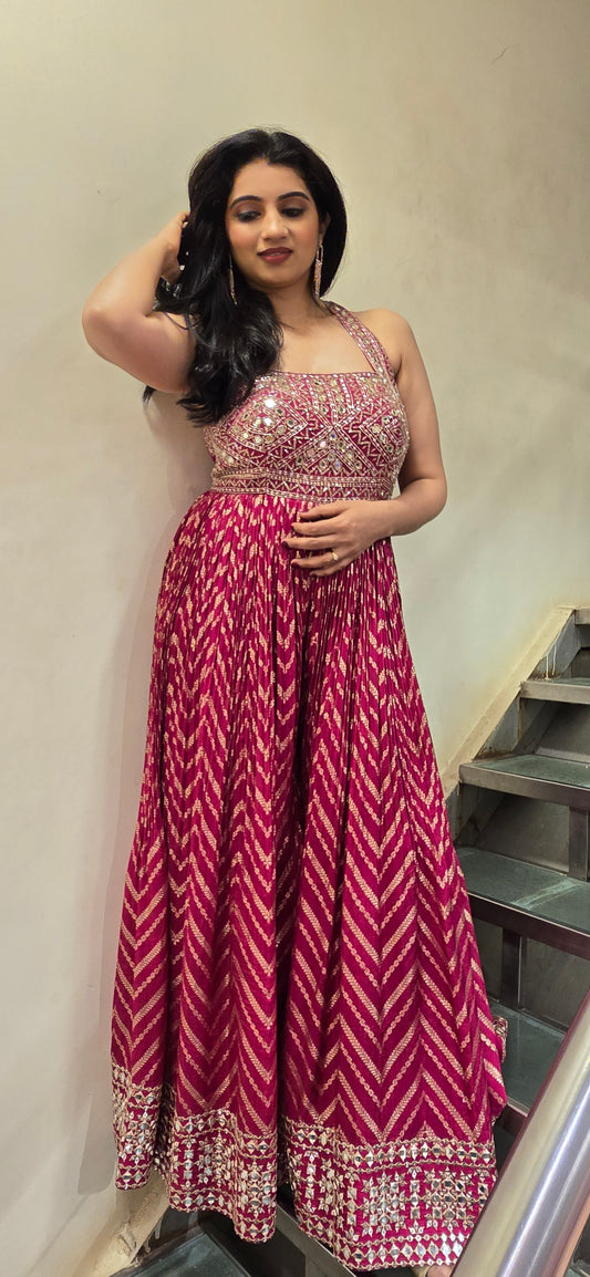 Magenta Mirror Work Sleeveless Anarkali Gown