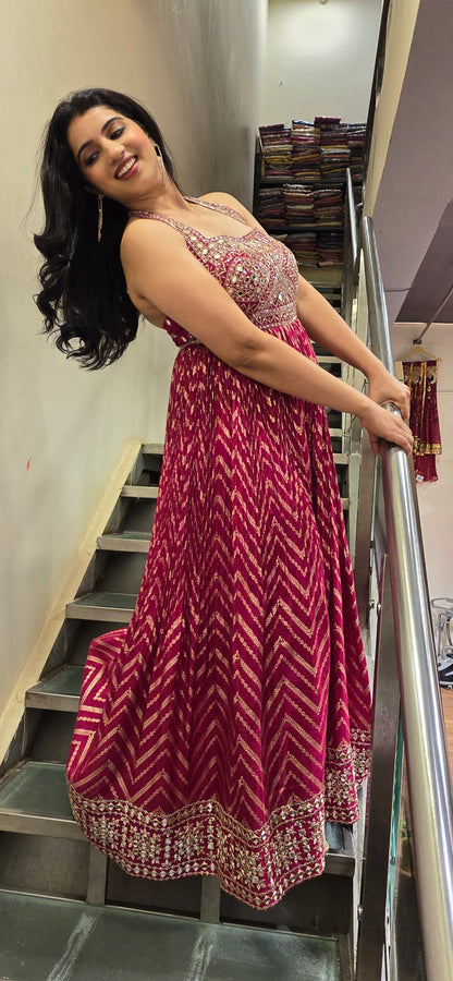 Magenta Mirror Work Sleeveless Anarkali Gown