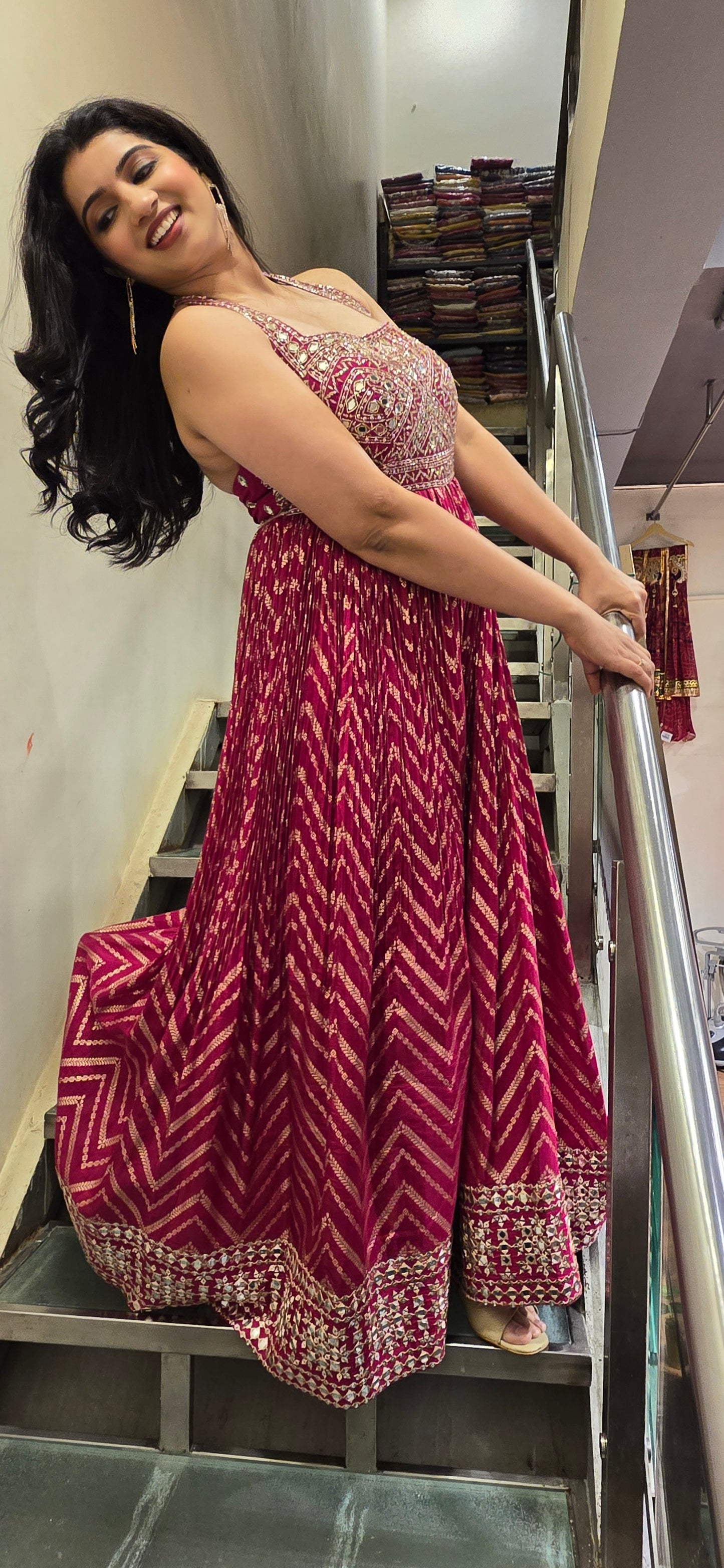 Magenta Mirror Work Sleeveless Anarkali Gown