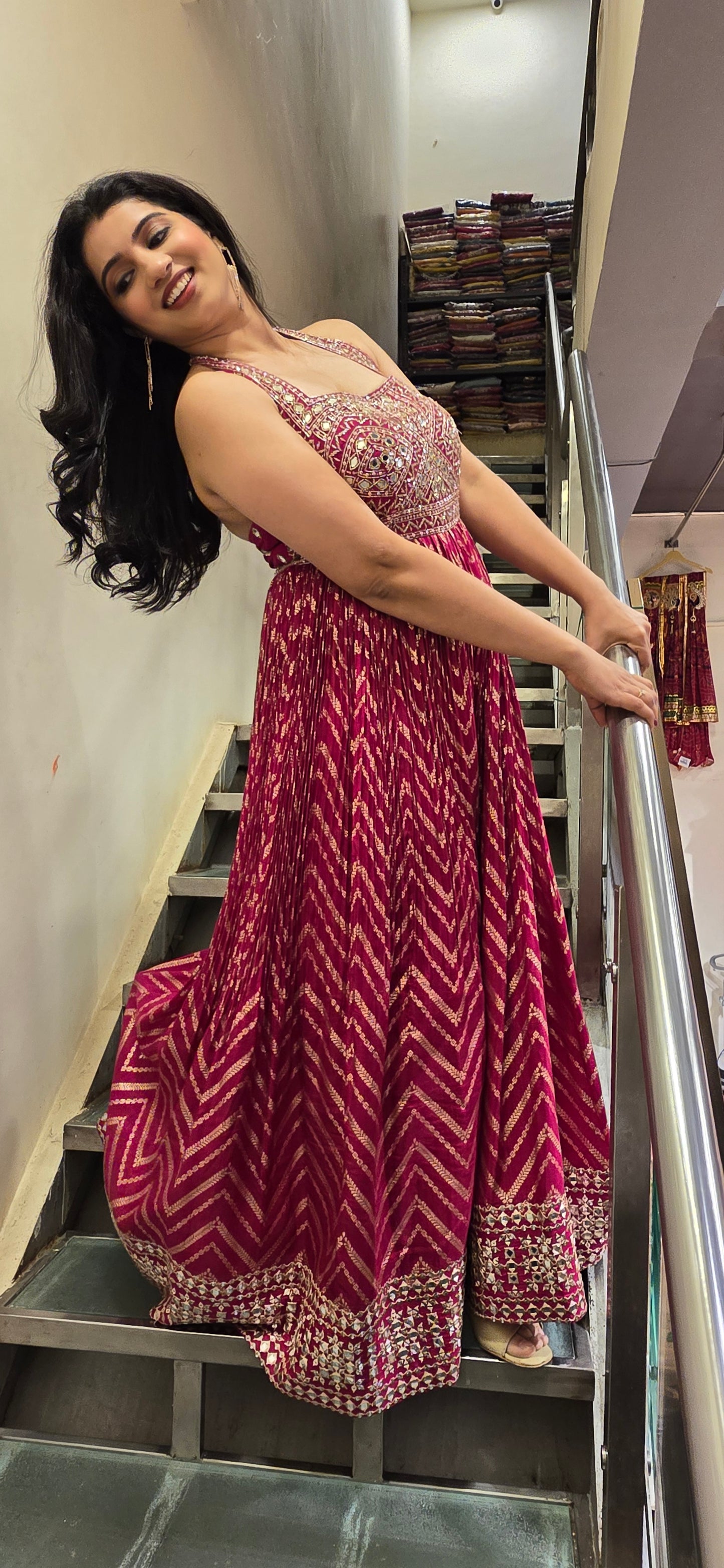 Magenta Mirror Work Sleeveless Anarkali Gown
