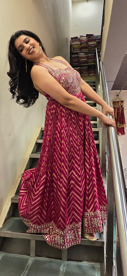 Magenta Mirror Work Sleeveless Anarkali Gown