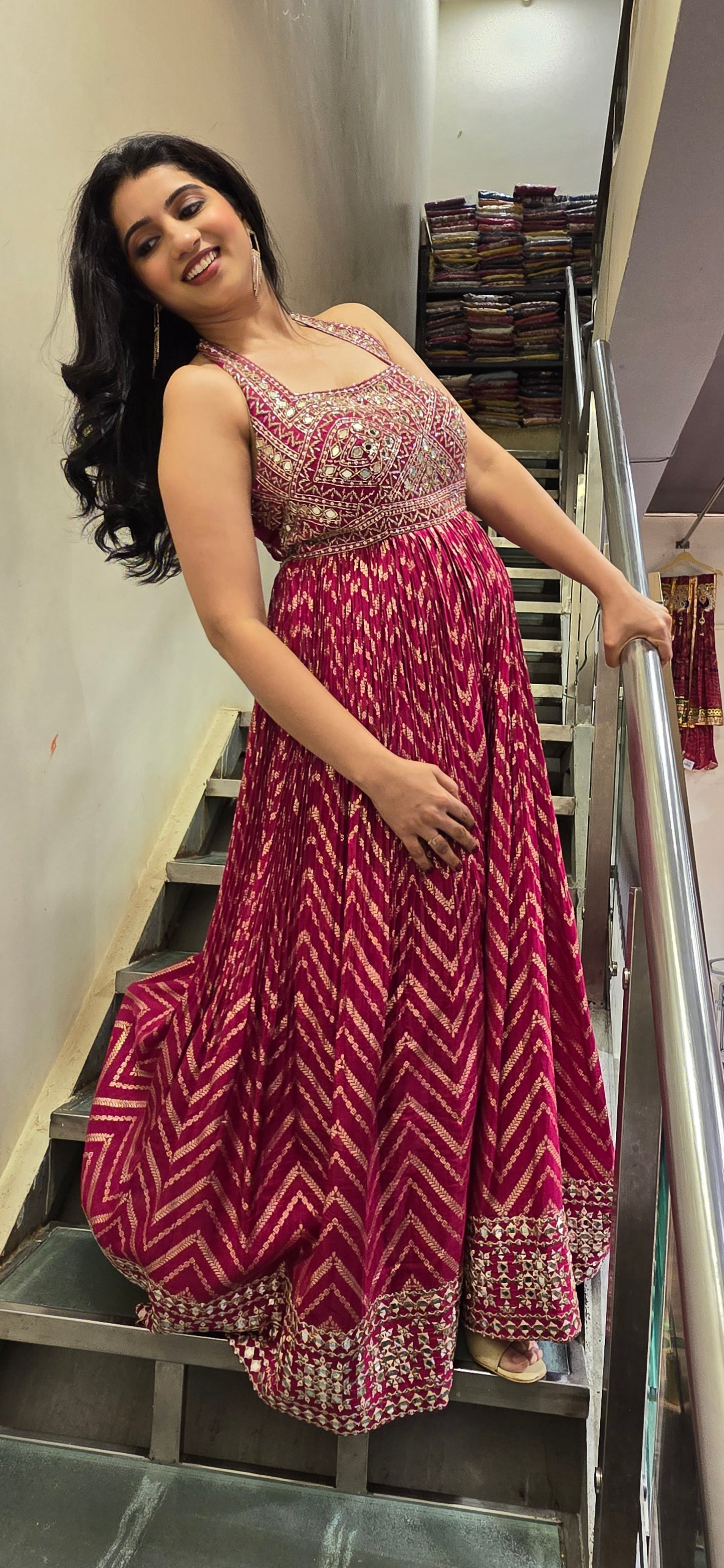 Magenta Mirror Work Sleeveless Anarkali Gown