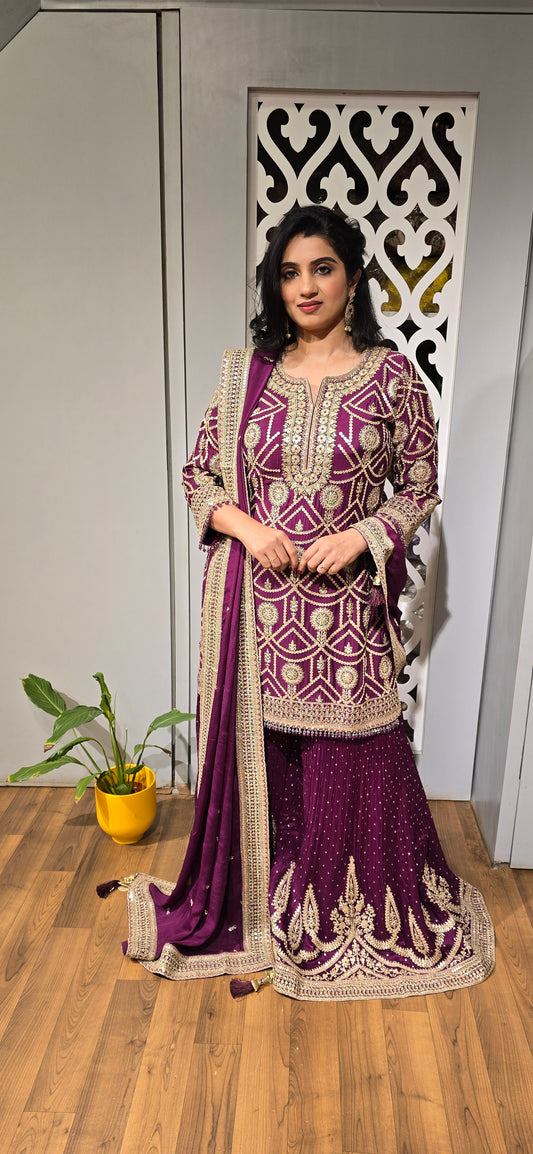 Royal Purple Sharara Suit with Heavy Zari Embroidery