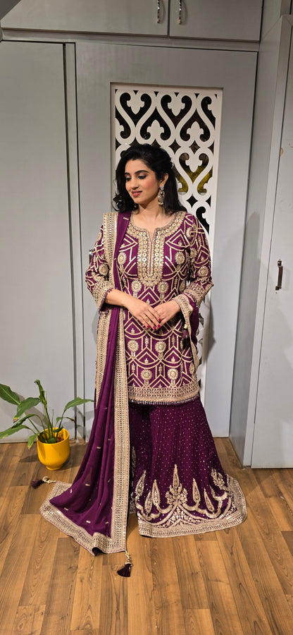 Royal Purple Sharara Suit with Heavy Zari Embroidery