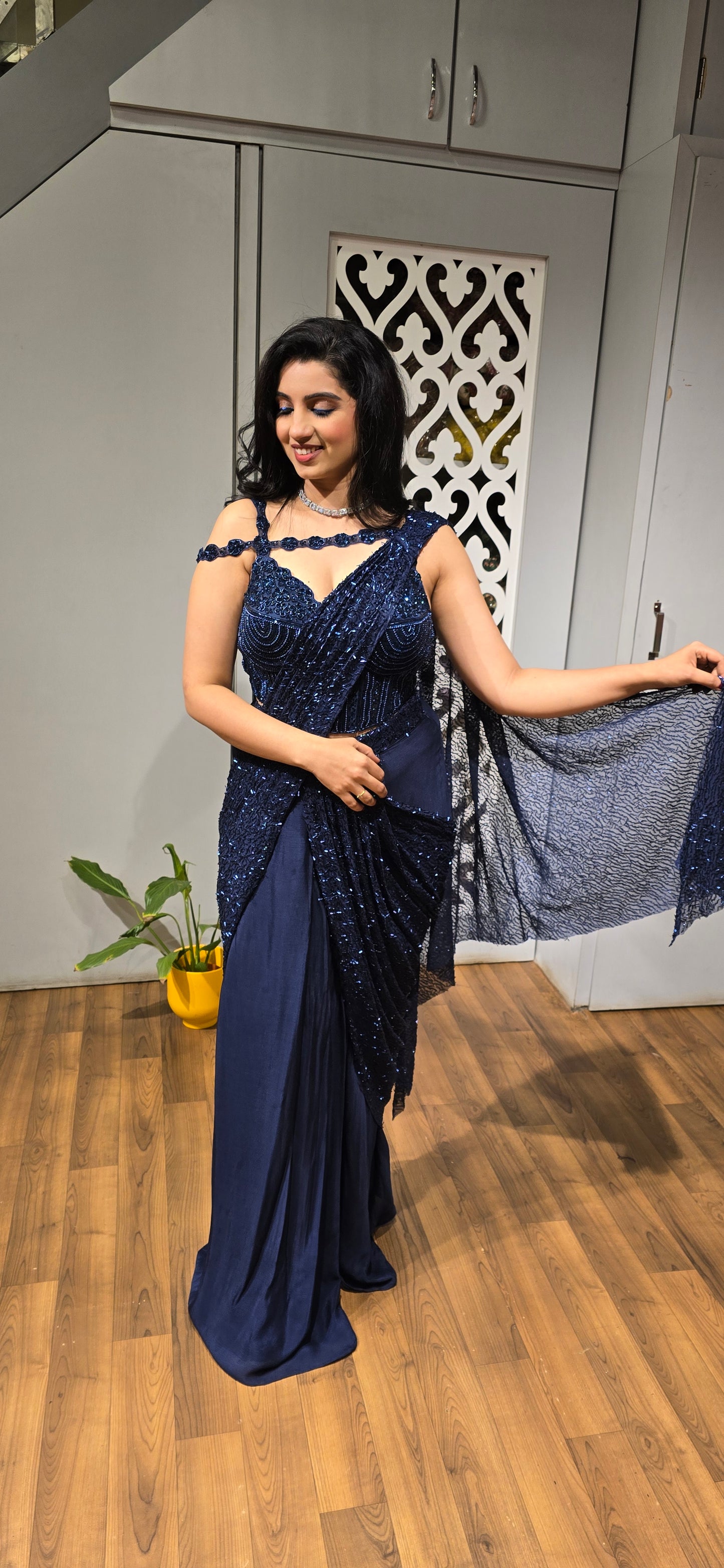 Midnight Blue Pre-Draped Sequin Saree Set