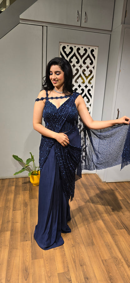 Midnight Blue Pre-Draped Sequin Saree Set