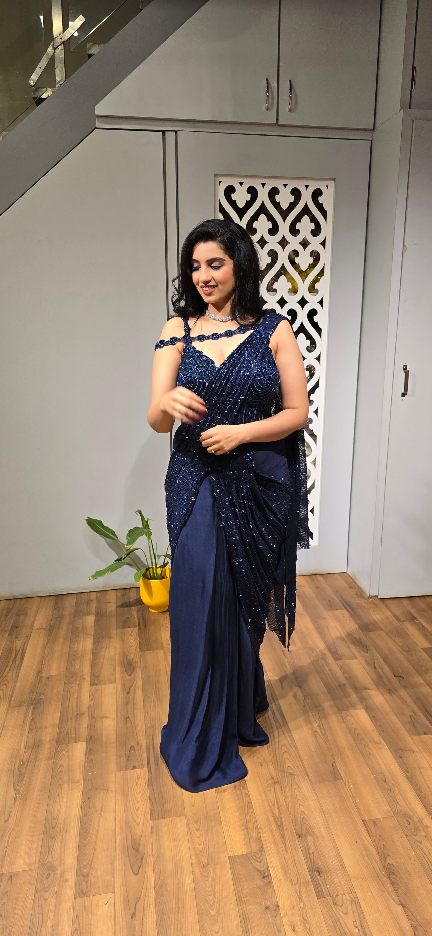 Midnight Blue Pre-Draped Sequin Saree Set