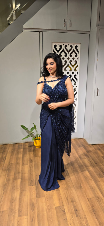 Midnight Blue Pre-Draped Sequin Saree Set