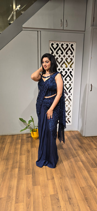 Midnight Blue Pre-Draped Sequin Saree Set