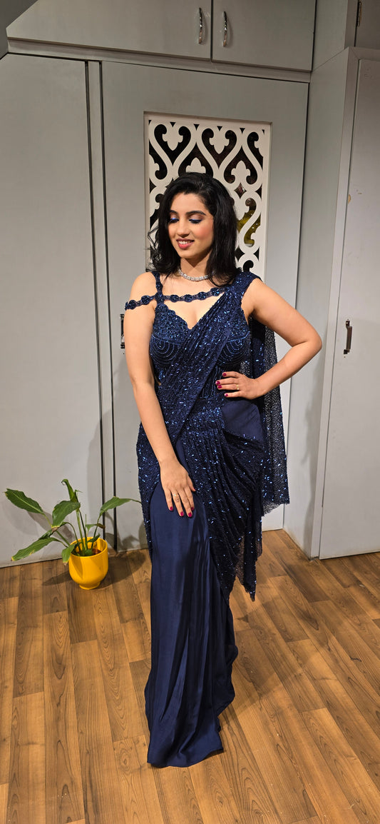 Midnight Blue Pre-Draped Sequin Saree Set