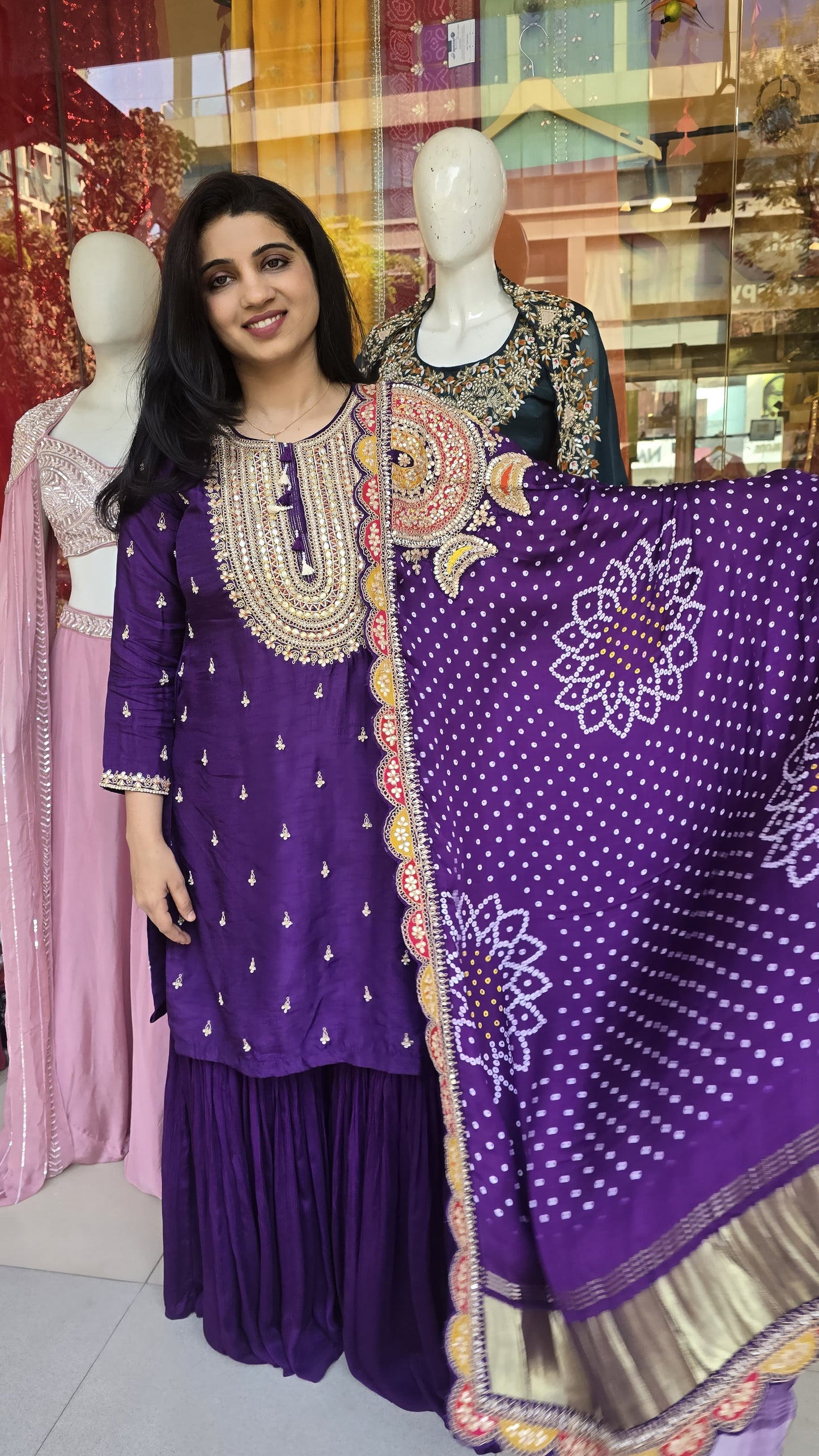 Purple Pure Gaji Silk Garara Set with Bandhani Dupatta