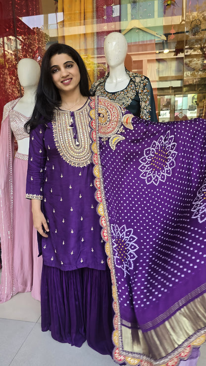 Purple Pure Gaji Silk Garara Set with Bandhani Dupatta