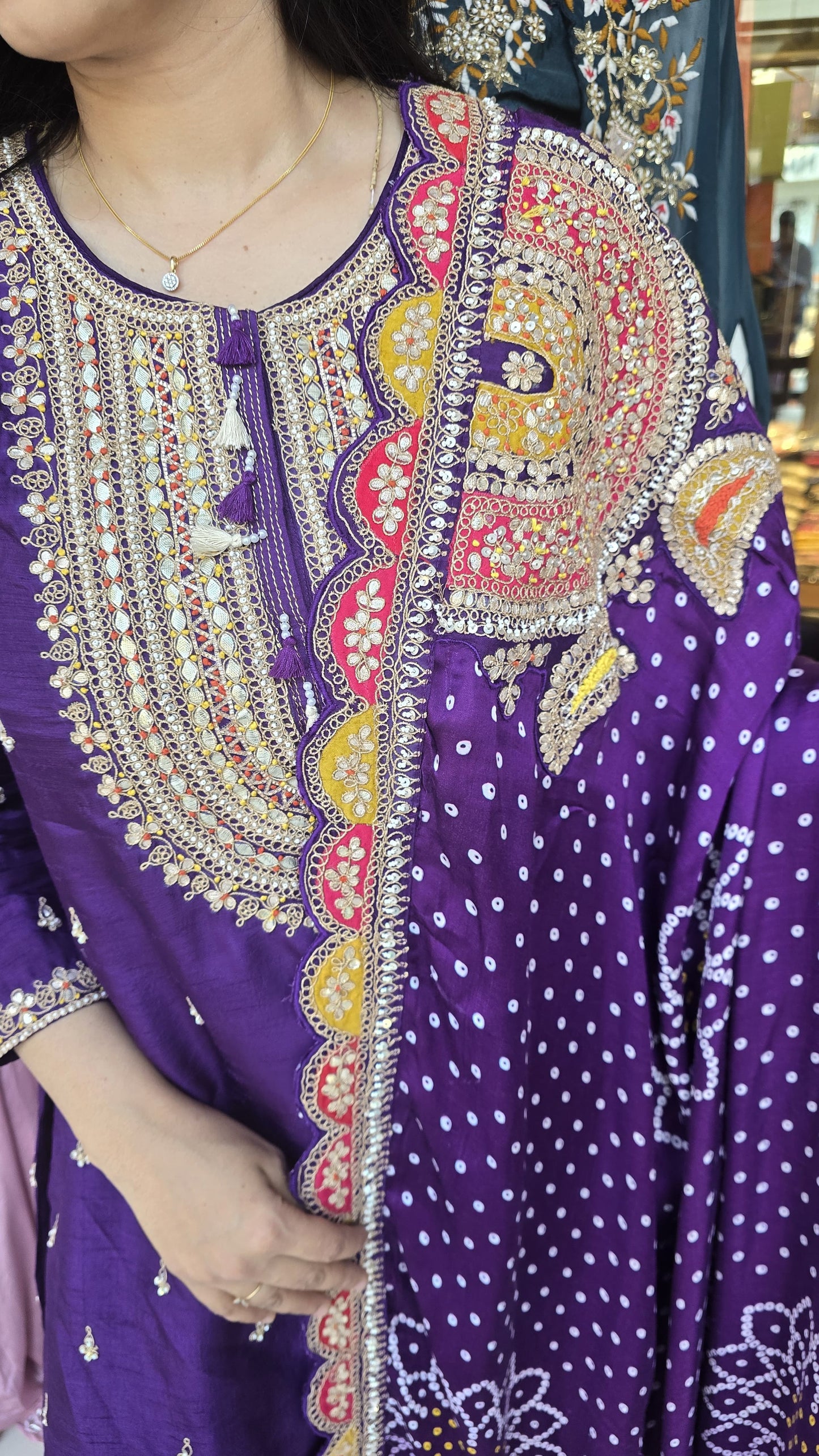 Purple Pure Gaji Silk Garara Set with Bandhani Dupatta