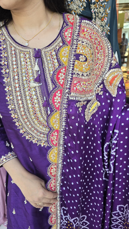 Purple Pure Gaji Silk Garara Set with Bandhani Dupatta