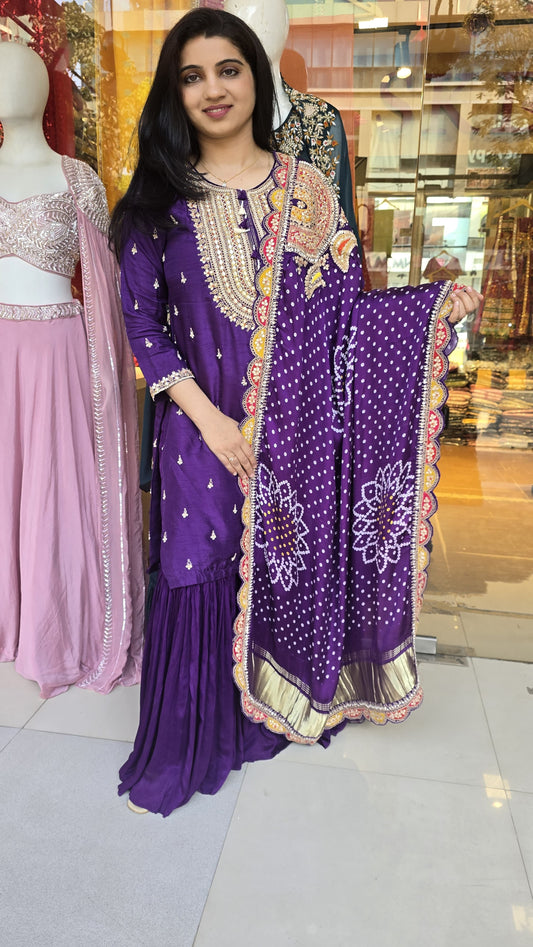 Purple Pure Gaji Silk Garara Set with Bandhani Dupatta