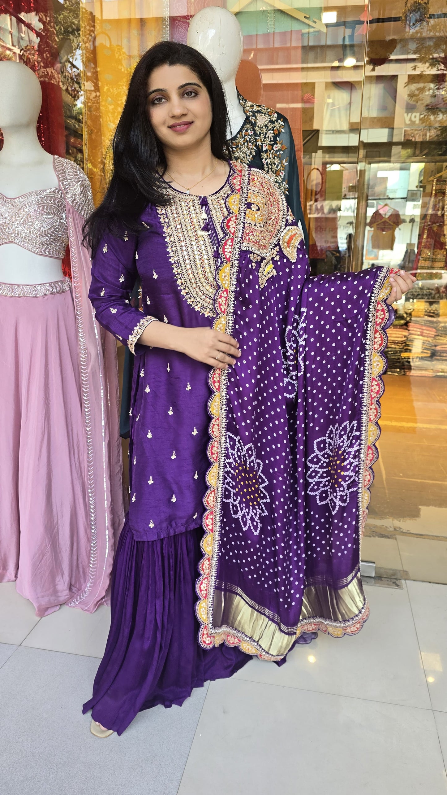 Purple Pure Gaji Silk Garara Set with Bandhani Dupatta
