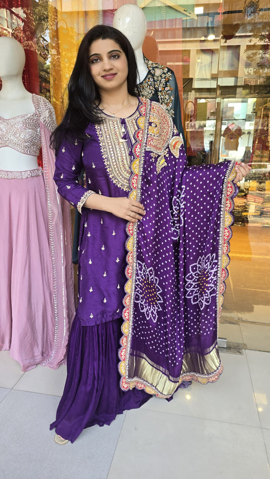 Purple Pure Gaji Silk Garara Set with Bandhani Dupatta